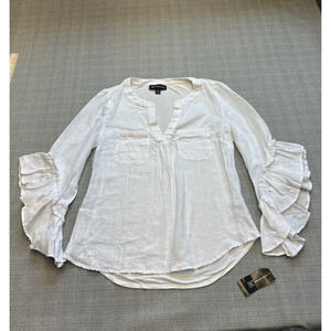 INC Linen Shirt Womens XS White Ruffled‎ Sleeves V Neck Boho Romantic Feminine